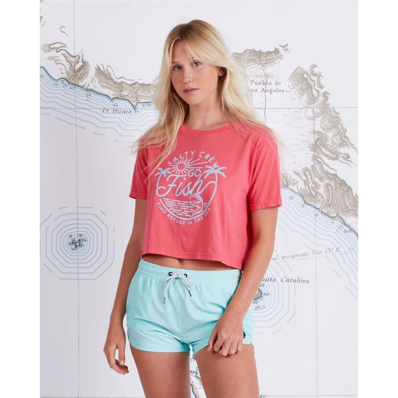 SALTY CREW EL GO FISH CROP BOYFRIEND TOP CORAL M