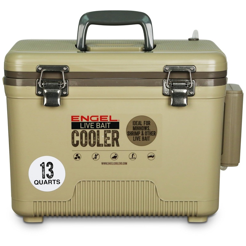 Engel 13 Quart Live Bait Pro Cooler with AP3 Rechargeable Aerator & Stainless Hardware Tan