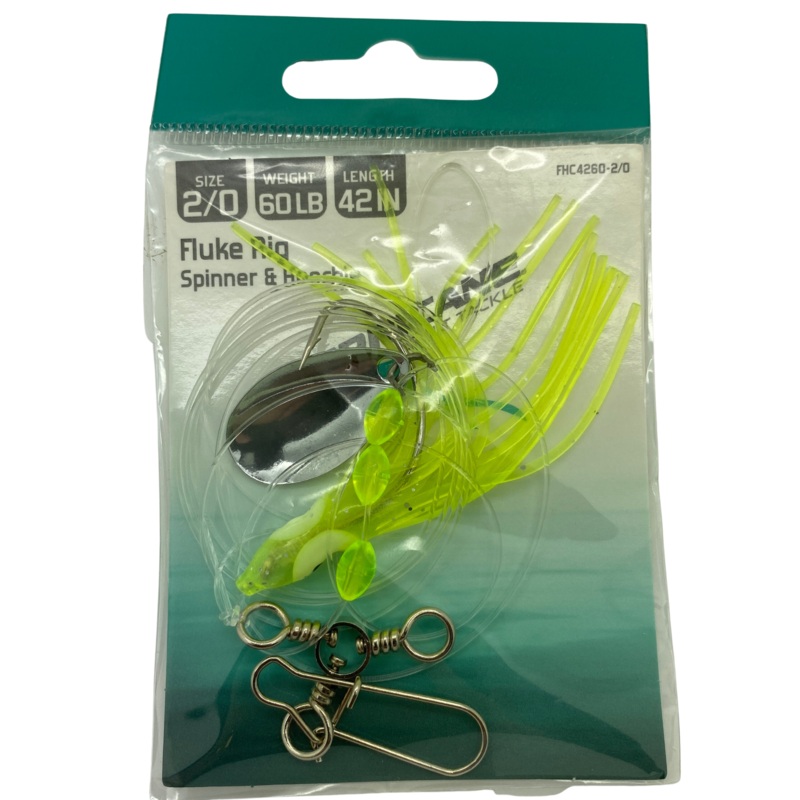 Hurricane Fluke Flounder Hoochie Rig, Size 2/0, 60lb Leader Chartreuse