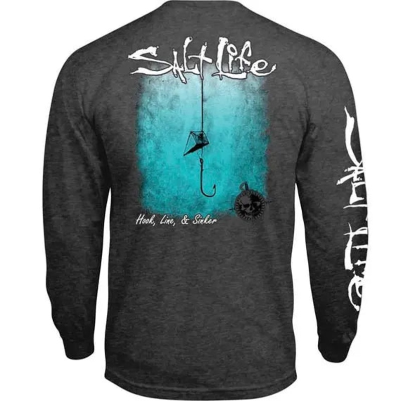 SALT LIFE HOOK LINE AND SINKER FADE TEE CHARCOAL HEATHER S