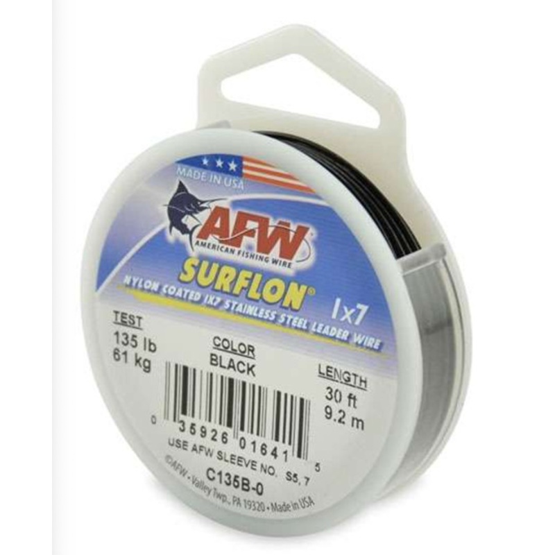 AFW 135lb Surflon Nylon Coated 1×7 SS Leader Wire Black 30ft