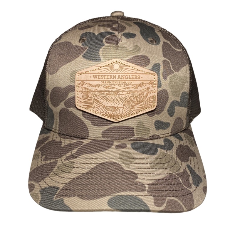 Western Anglers – Richardson Trucker Hat – Leather Patch – Camo Bark Duck Camo/Brown Genuine Leather – Casey Underwood – Ringe Riser OSFM