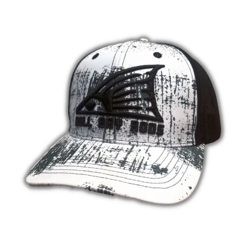 Bull Bay Rods Ripped Series BBR Soft Mesh Trucker Hat Gray & White Redtail Logo