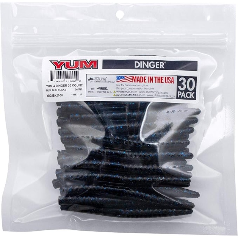 Yum YDG4BK21-30 4″ Dinger 30 Count Dingers Black Blue Flake 4″