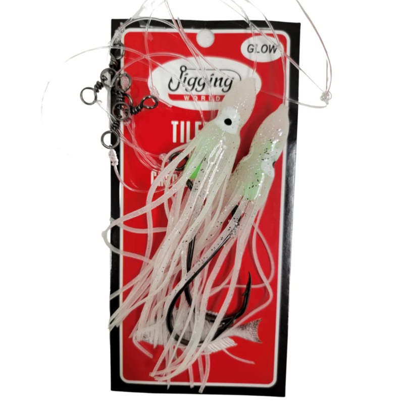 Jigging World Tile Fish Rig Hi-Lo 6″ Squid Skirts 10/0 Glow