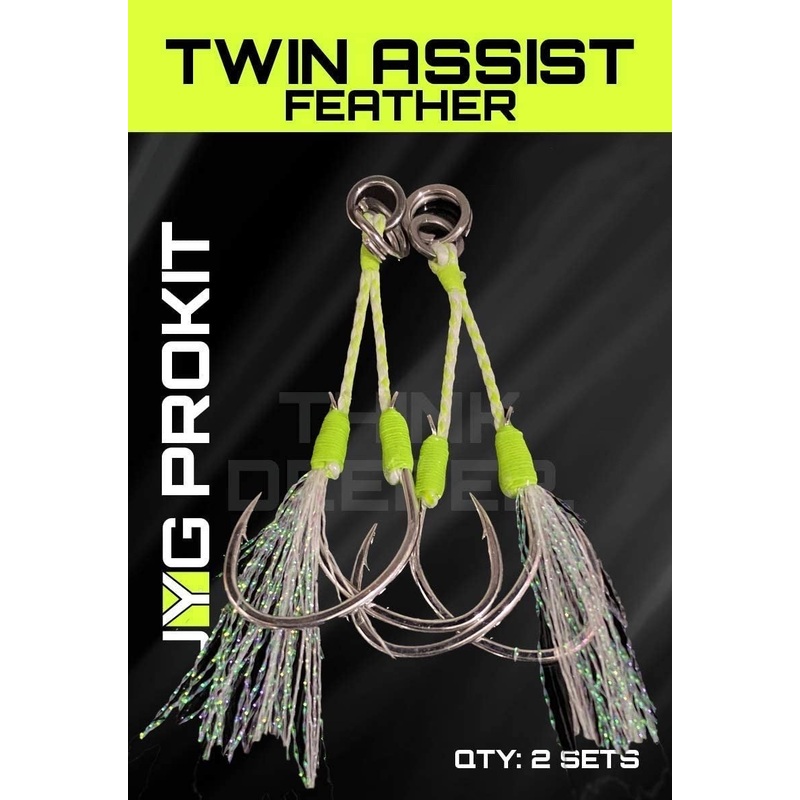 JYG Pro Fishing Twin Assist Hooks w/ Feather Green 3/0