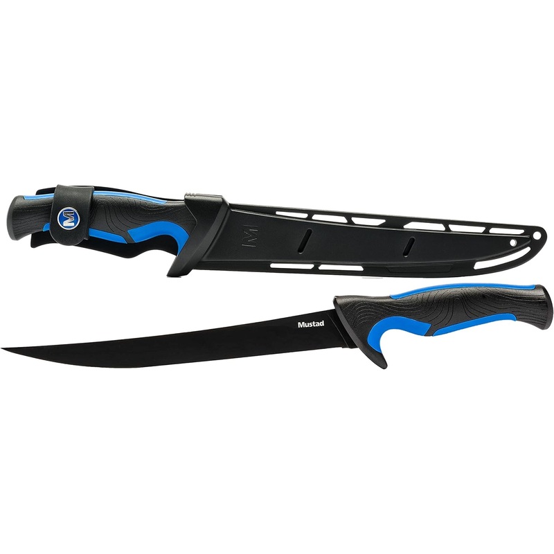 Mustad Fillet Knife, Ergonomic Handle, Teflon 420 SS Blade, w/Sheath 9″, Blue