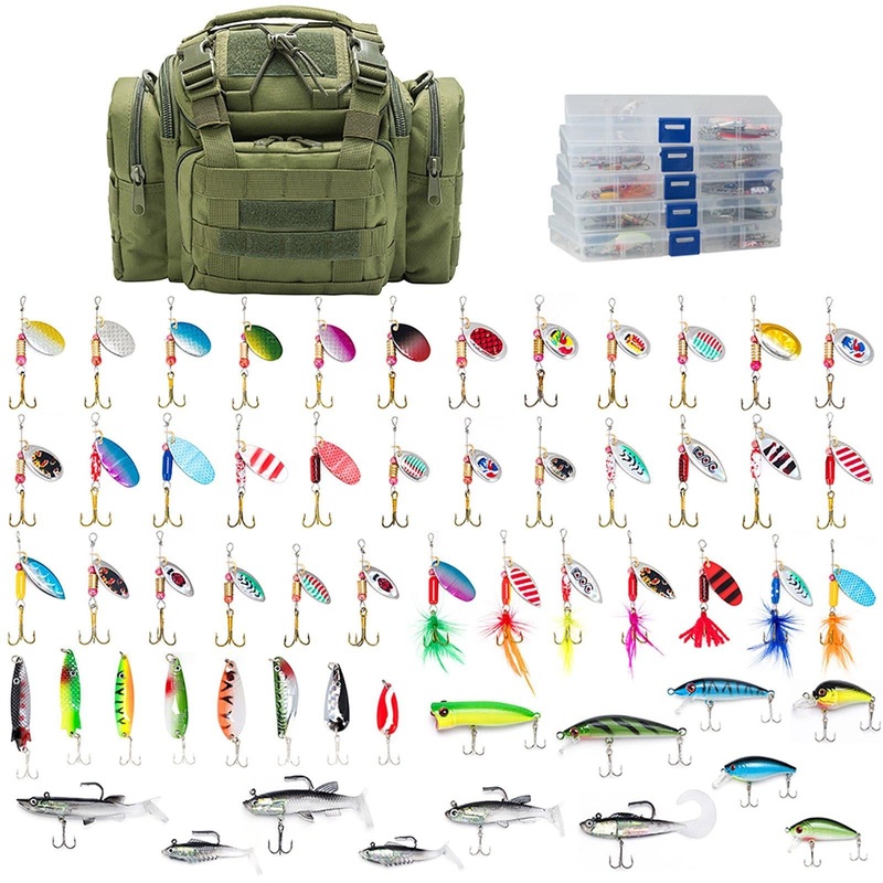 Dr.Fish Tackle Bag with 5 Boxes & 60 Lures Kit M – 11.8 * 7.9 * 7.1” Green