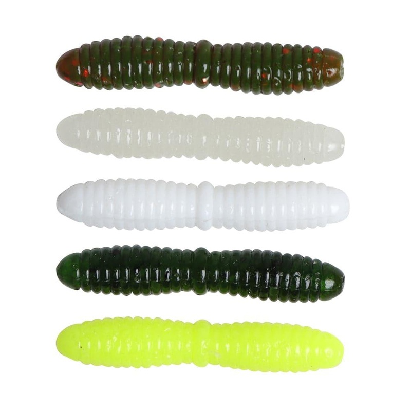 Dr.Fish 15pcs Ice Fishing Soft Worms 1.38” Green Pumpkin Red Flake