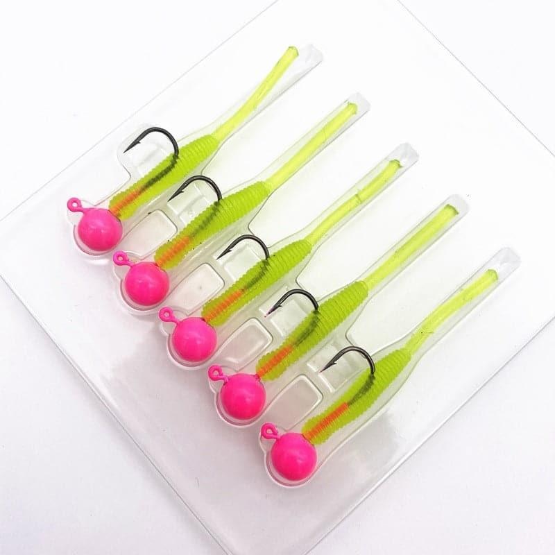 Dr.Fish 5pcs Ice Fishing Soft Swimbaits 1g-2g Pink Hook + Green Lure 1g