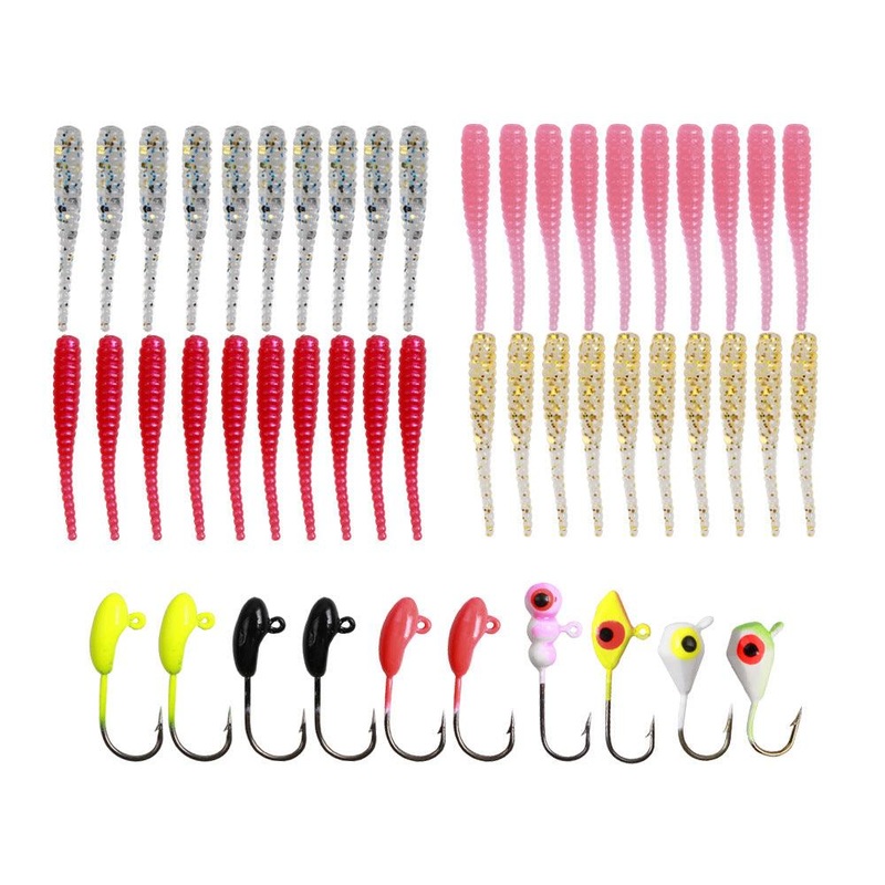 Dr.Fish 50pcs Worm Soft Plastic Lures Kit with Jig A