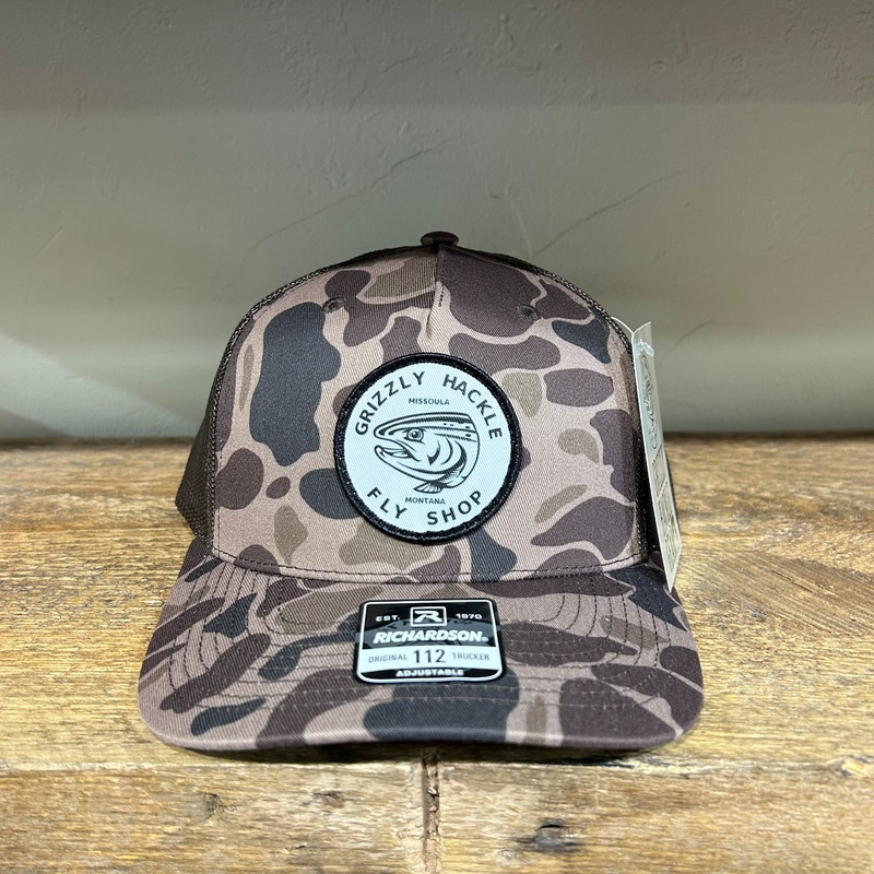 Grizzly Hackle Circle Fish Logo Trucker Hat Bark Duck Camo/Brown