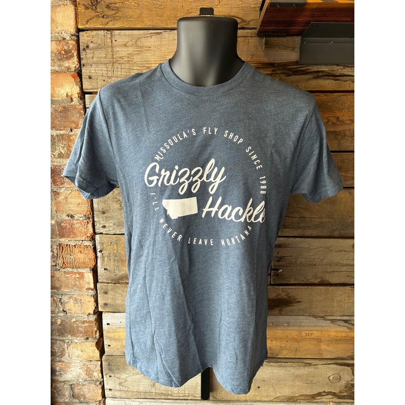 Grizzly Hackle “I’ll never leave Montana” T-Shirt Indigo Small