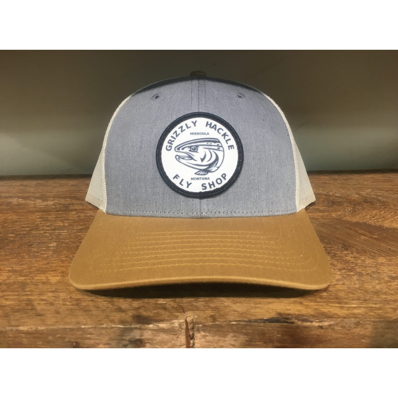 Grizzly Hackle Circle Fish Logo Low Pro Trucker Hat Heather Grey/Gold