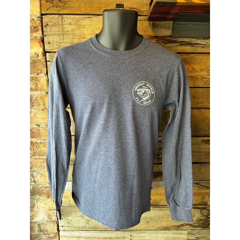 Grizzly Hackle “Circle Fish” Long Sleeve Shirt Small Heather Navy