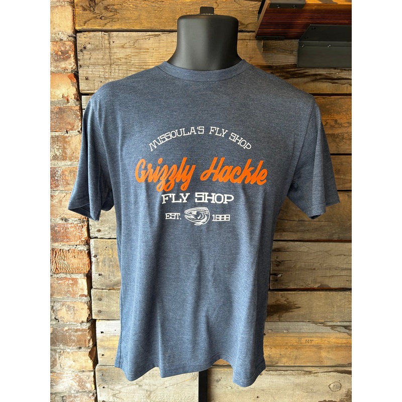 Grizzly Hackle “Missoula’s Fly Shop” T-Shirt Small Indigo