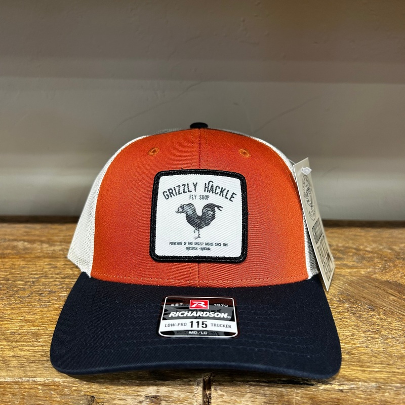 Grizzly Hackle “Grizzly Chicken” Patch Lo-Pro Trucker Hat Dark Orange/Navy/Cream
